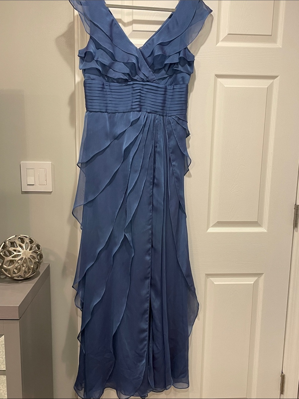 Adrianna Papell Slate Blue Ruffled V-Neck Maxi Gown